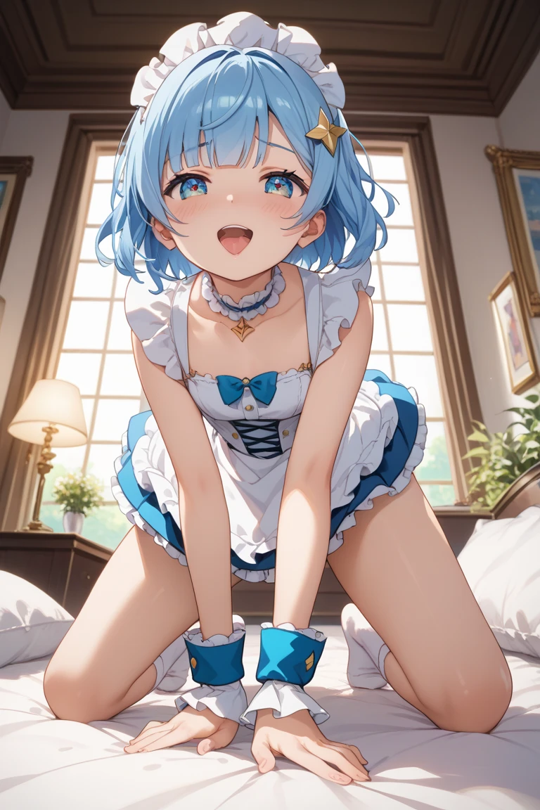 an anime girl is wearing a white dress and、blue hair and a short bob and white dress, Loli Dress, a cute anime wife in a nice dress, , Anime Moe Art Style, Maid服の女の子, Clear Outfit Designs , live2d バーチャルユーチューバーモデル, anime vtuber full body model , Magical Girl Style,Maid、on all fours、frill socks、from below、 Embarrassing Look、masterpiece、Highest quality、uncorrected、The private parts are visible、spread your legs、No pants、SEX IN THE BACK