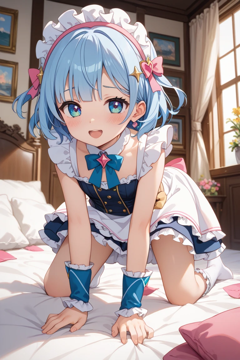 an anime girl is wearing a white dress and、blue hair and a short bob and white dress, Loli Dress, a cute anime wife in a nice dress, , Anime Moe Art Style, Maid服の女の子, Clear Outfit Designs , live2d バーチャルユーチューバーモデル, anime vtuber full body model , Magical Girl Style,Maid、on all fours、frill socks、from below、 Embarrassing Look、masterpiece、Highest quality、uncorrected、The private parts are visible、spread your legs、No pants、SEX IN THE BACK