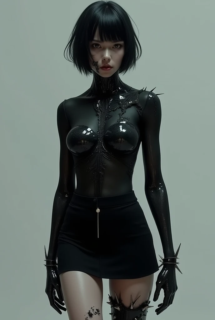 High resolution, High resolution, Attention to detail, masterpiece, Rough skin, Anatomically correct, sharp, Gray background，The basic premise is that they are wearing full-body tights.，((Japanese woman of exceptional beauty,2)), alone, ((Facial wrinkles)), (Human-like, Realistic:1.37),(((I will take a full-body photo. Please face me directly with your entire body.,Pose: A woman with legs spread 120 degrees apart, hands behind her head in a squatting position,)))),((She looks at me with an angry expression)),Front shot,The whole body is visible,,((Her hairstyle is a semi-short perm.)),((I have a hairy constitution, so I have a lot of pubic hair.)),((She is wearing a black translucent bodysuit made of silk that is skin tight and shows her naked body.)),((Pubic hair can be seen through the pubic area,Her vulva is swollen and large.,sheer tights dig into the(0.3)clearly defined labia(0.3)The clearly visible,I have a hairy body, so I have a lot of armpit and pubic hair.　Pubic hair sticking out from the front of the pants)),full body close-up shot,Full body wide shot,Smooth curves,The location is a brightly lit basement,The background is gray space, Woman wearing only stockings, without underwear 