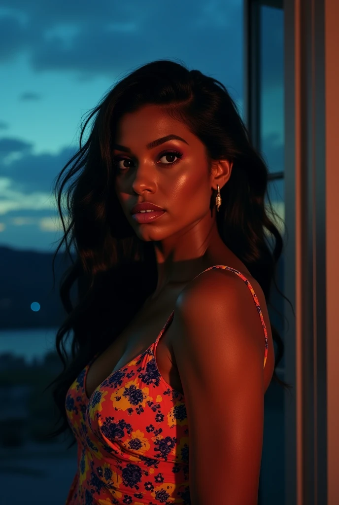 1girl, in laboratory, (18 years old), (Latina), dark skin, wide shot, long wavy hair, orgasm, (floral sun dress), (Masterpiece, Professional lighting, 16k, 8k wallpaper, raw photo, photorealistic:1.8, ultra detailed, natural lighting, detailed skin sexy pose, open mouth, big lips, view from above, night time, eyes closed, magic energy, neon light