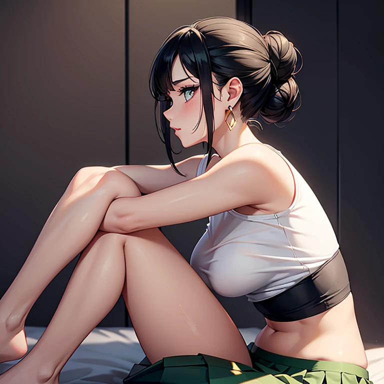 Big breasts ((1 sexy yakuza mafia girl)) stylish black hair with cut bangs)) ((hair tied up)) ((Green eyes, perfect eyes)), extremely sexy body, ((wears a wet white sweatshirt open on her large breasts)), skirt made of tailored fabrics, light and soft fabric)) her large breasts take shape in the wet blouse, ((leg holster)) sadistic and frightening expression, ((masterpiece, ultra detailed, superior quality )), ((realistic)) she is sitting in a cannabis growing laboratory, a lots of cannabis plants in background, legs crossed, look of superiority, body defined and a little toned, ((((she has a tattoo that starts on her thighs and goes to her navel))) ) (((she is a yakuza boss)))