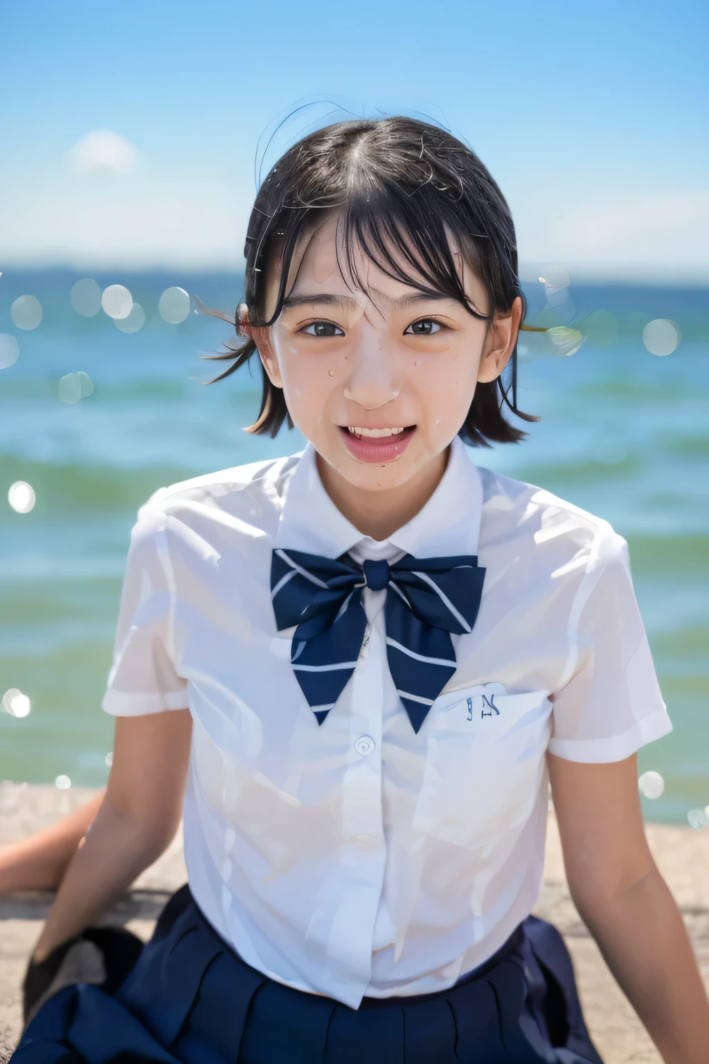 (1 girl, alone, Japanese girl), ,Highest quality, table top, 8k, high resolution, very detailed, ( portraits), think, black hair, short hair, hair clip, Shiny Skin, flat chested, smile, ( :1.5, uniform, white collar shirt , bow tie,), summer, blue sky, thunder head, ocean,Wet Shirts、( face covered in semen:1.3、Cum Covered Hair)、 belly at 10 months pregnant、stour tongue slightly、Looking up at the camera、twin tail hair、ahe face、