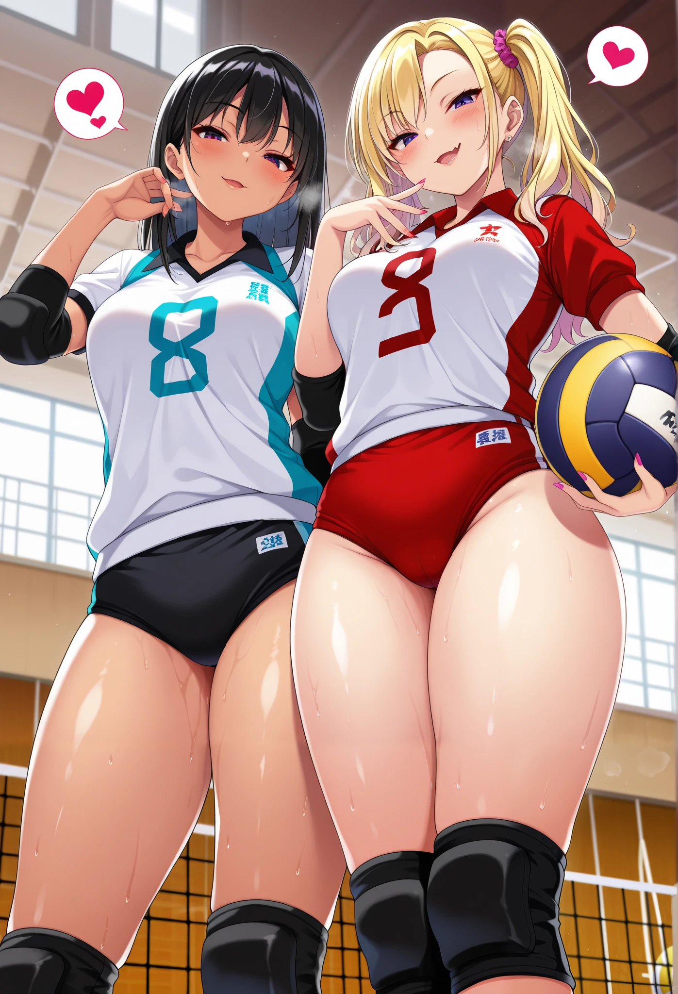 masterpiece, best quality, amazing quality, 2girls, gyaru, (holding ball:1.4),(seductive pose:1.4), (sexy pose:1.4), thick thighs, Collared volleyball uniforms, (buruma:1.4), volleyball knee pads, elbow sleeve, (old Full spherical 8.5" volleyball ball:1.4), (blush:1.4), camel toe, (chubby:0.8), curvy, (sweat, Covered in sweat, covered in perspiration:1,4), (deep breathing:1.2), spoken heart, perfect anatomy, in Uninhabited gymnasium, cowboy shot, vivid colors, detailed lips, highly detailed sports uniform, soft focus background, (seductive smile, embarrassed expression:1.4), medium breasts, volleyball uniform, elbow pads, elbow sleeve, knee pads, Buruma, (Matching uniforms:1.4), mesugaki,from below, smile, looking at viewer, blush, hand up, skin fang,