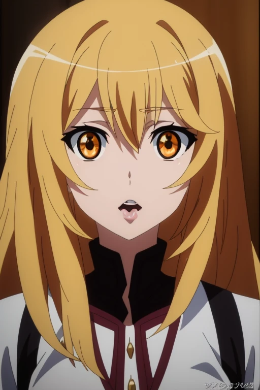 large breasts,twintails,1girl,brown eyes,blonde hair(1.2),short hair, brown hair,<lora:Kyoko (Korega)1:0.8>,red eyes,glowing,evil smile,smile,open mouth, evil grin,crazy,crazy smile,