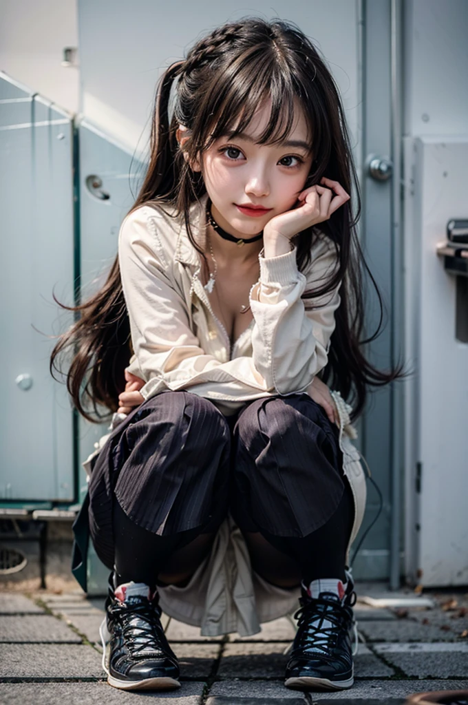 Sitting on the ground、Skinny Jeans、Open legs、crouching、beautiful detailed girls、bending her knees、巨作、HighestQuali、intensely detailed、White jeans、Inter-strands、hotpants、Lower body