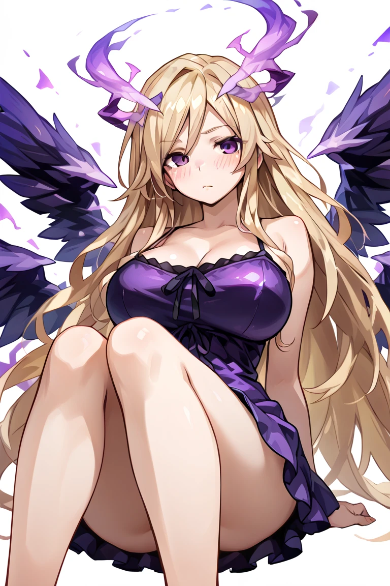 ((Highest quality)), ((masterpiece)), (detailed), （Perfect Face）、The woman is naked and wearing a black wedding dress decorated with gold, the devil queen Extia Spica is a sexy female demon.、The woman is a female demon with magnificent devil horns, jet black devil wings, and a jet black tail. She is looking at the camera with a happy expression on her face, her blonde medium-long hair tied in two ponytails at the back, and the expression of a girl in love.、The woman is Extia Spica