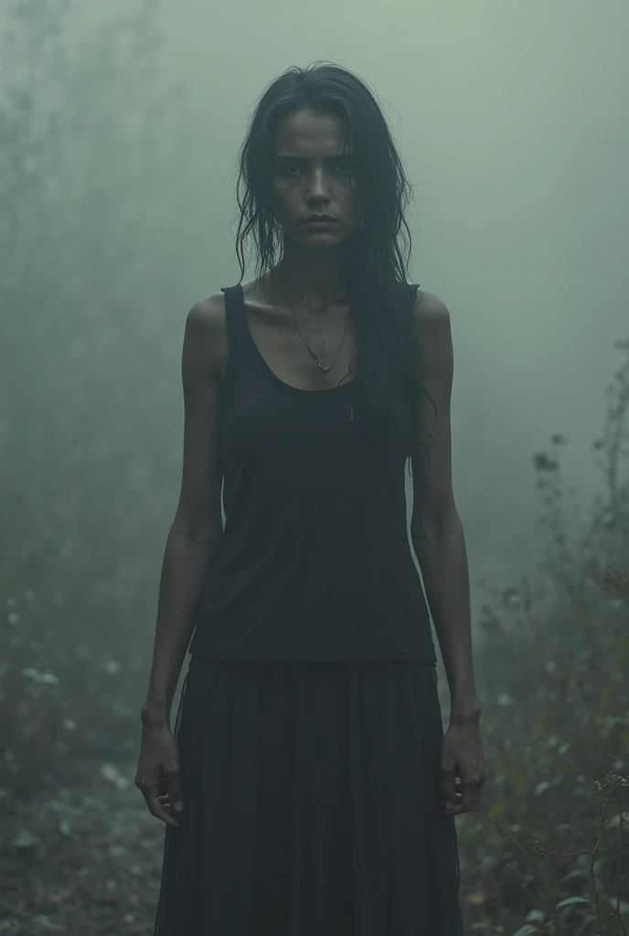 A thought-provoking conceptual art piece featuring a woman symbolizing the lack of energy, burdened by the weight of the world on her shoulders. She is dressed in a tattered, monochrome outfit, her shoulders sagging under the immense pressure. Her face, painted in somber tones, conveys a sense of exhaustion and despair. The background is a hazy, dystopian landscape, where the sky and ground blend into each other, reflecting the overwhelming nature of the situation.