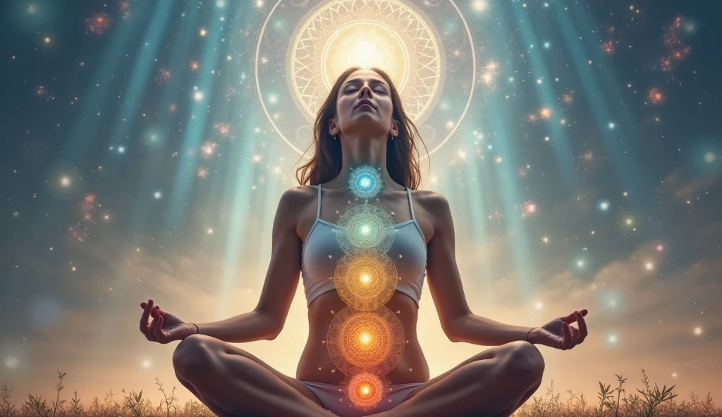 Create an image that illustrates the concept of using chakra wisdom to heal toxic relationships. Show a central figure with a vibrant aura, highlighting the seven chakras along the spine. Around her, visually represent the transformation of a toxic relationship into something harmonious. Include elements such as soft lights, chakra symbols, and positive interactions between the figures to symbolize healing and connection. Use colors that convey calm and balance, como azul, green and violet.