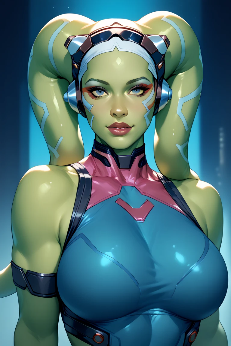 A sexy (star wars Twi'lek:1.2), (hera syndulla), (two head tails), (star wars), (huge natural boobs), cleavage, realistic green skin, sexy, perfect, realistic, perfect anatomy, 8k, (best quality), (masterpiece), wearing rebel fight pilot clothes, close up, beautiful, gorgeous