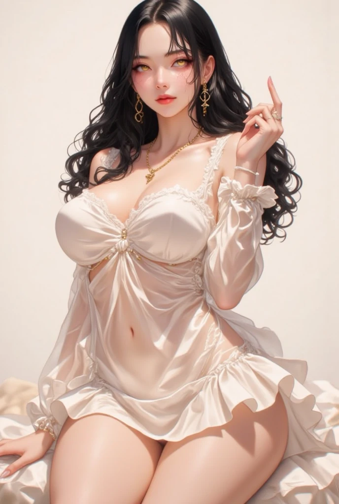 (masterpiece, best quality), perfect slim fit body, nice breasts, wavy hair, big gorgeous eyes, kind smile, parted lips, (transparent silk nightie:1.2), standing pose, contrapposto, victorian bedroom, ambient lighting