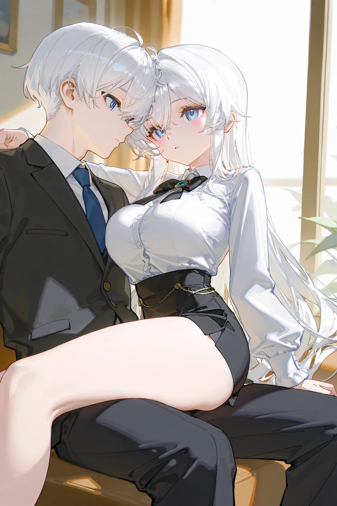A boy with white hair and blue eyes and a girl with long white hair golden eyes and huge ass, school uniform, modern