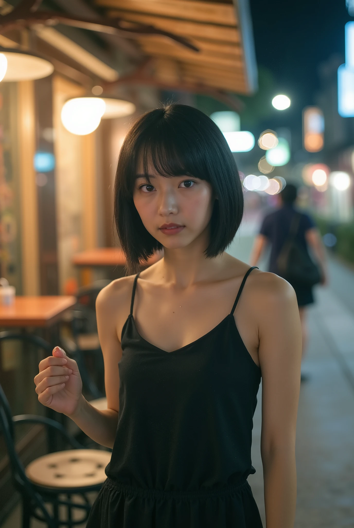 Create a portrait of an adorable Japanese idol with a semi-short hairstyle, showcasing an elegant spring outfit. She has a slender physique, medium breasts, and thin legs. The background should depict a nighttime cafeteria in a city, enhanced with dramatic lighting to emphasize the ambiance and her features.