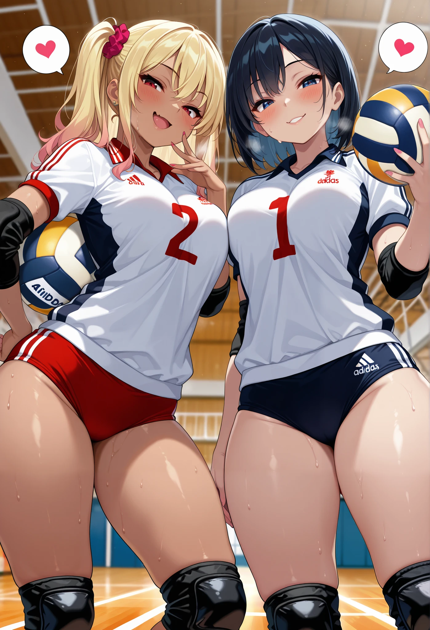 masterpiece, best quality, amazing quality, perfect anatomy, 2girls, gyaru, (holding ball:1.4),(seductive pose:1.4), (sexy pose:1.4), thick thighs, adidas, Collared volleyball uniforms, (buruma:1.4), volleyball knee pads, elbow sleeve, (old Full spherical 8.5" volleyball ball:1.4), (blush:1.4), camel toe, (chubby:0.8), curvy, (sweat, Covered in sweat, covered in perspiration:1,4), (deep breathing:1.2), spoken heart, in Uninhabited gymnasium, cowboy shot, vivid colors, detailed lips, highly detailed sports uniform, soft focus background, (seductive smile, embarrassed expression:1.4), medium breasts, volleyball uniform, elbow pads, elbow sleeve, knee pads, Buruma, (Matching uniforms:1.4), mesugaki,from below, smile, looking at viewer, blush, hand up, skin fang,