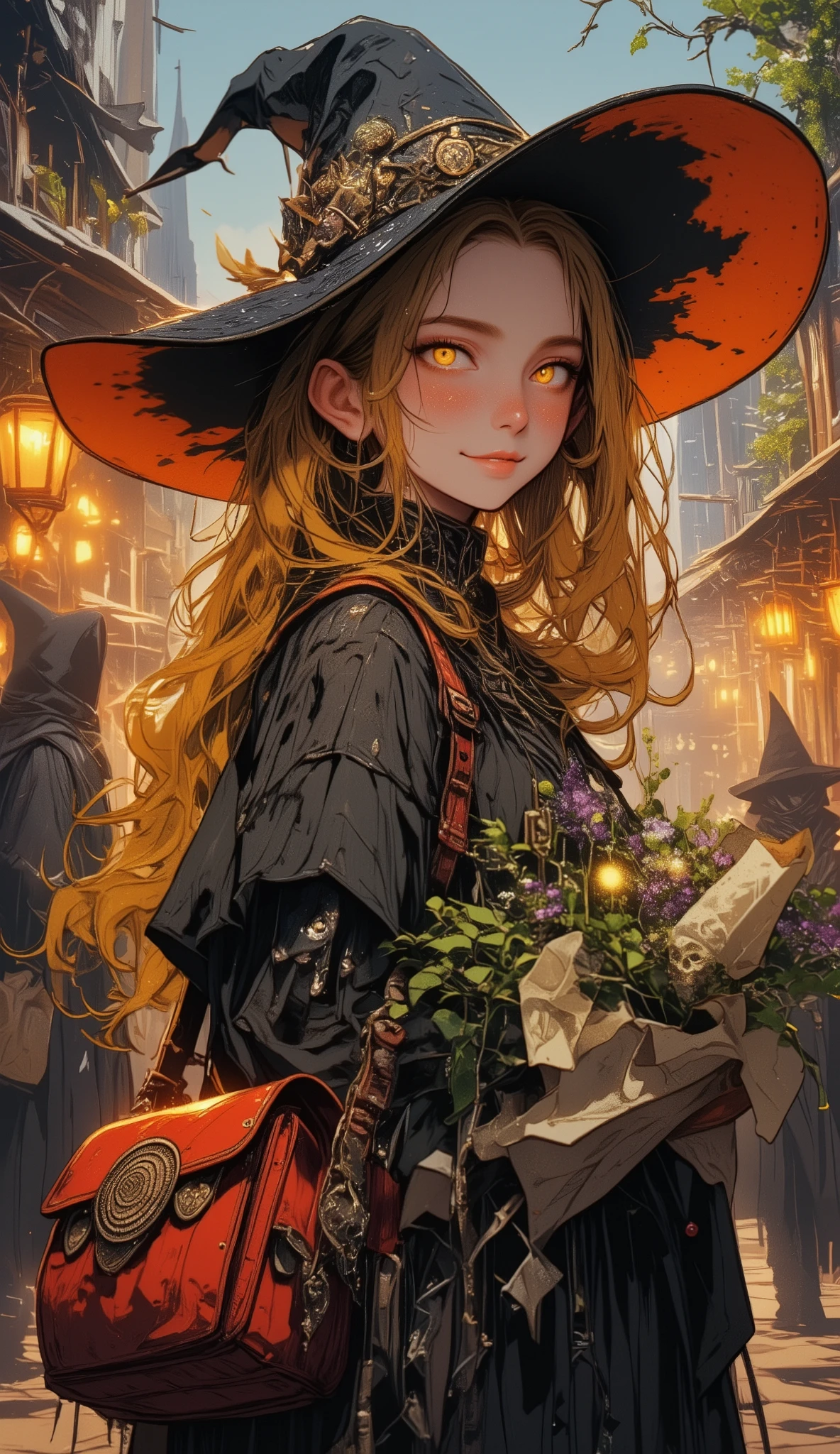 A whimsical witch with flowing golden hair cascading down her back, wearing a wide-brimmed black hat with an orange underside. Her confident smile and piercing gaze exude charm. She’s clad in a dark, intricately detailed outfit adorned with beads, feathers, and mystical symbols. A vibrant red satchel with a dreamcatcher-like ornament hangs from her shoulder. She holds a bouquet of magical herbs and glowing flowers wrapped in parchment. The background features a lively medieval market with wooden stalls, warm lantern light, and shadowy figures in cloaks and pointed hats, evoking an air of mystery. The scene is richly detailed with painterly brushstroke textures, blending warm earthy tones with subtle highlights. The soft brushwork adds a traditional painting feel, with a slight impressionistic touch to emphasize atmosphere and depth. The overall mood should be cozy yet magical, reminiscent of a bustling town square where magic and commerce intertwine. 8k resolution, cinematic lighting, painterly art style, brushstroke texture effect.