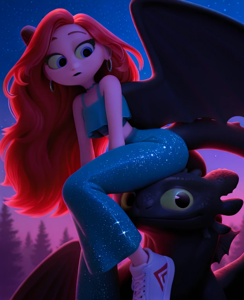 toothless_httyd
dragon, night fury, black scales, wings, tail, claws, 1boy, green sclera, black pupils, giant dragon, chelseatk, 1girl, long hair, red hair, blue eyes, crop top, choker, hoop earrings, sparkle pants, sneakers, nuzzling on butt.