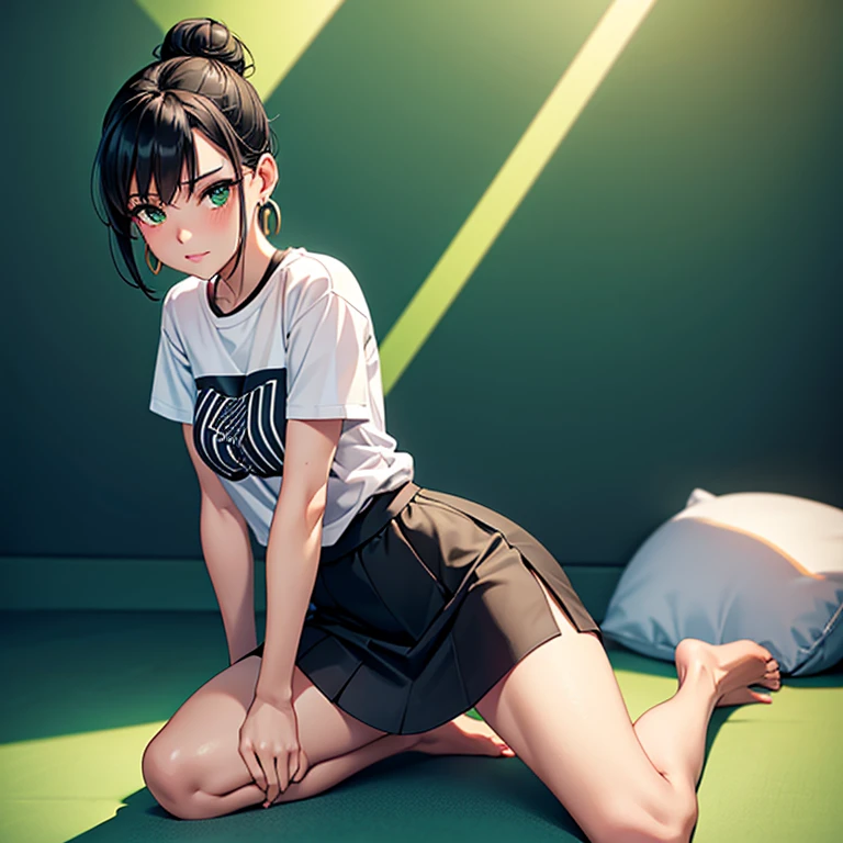 Erica、Pokémon、Black Hair、Short Hair、((loose socks))、Photo from below、Medium chest、Bedroom、One girl、Red ribbon on head、((Cheerleader))、(mini skirt)、(Poop sitting)