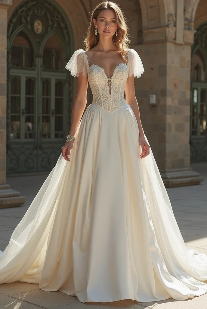 A wedding dress:
Fabric: Silk that enhances your body without being tight, transitioning into netting below the waist.
Fit: The dress shows off your curves while remaining comfortable and not overly tight.
Sleeves: Puff sleeves that are off the shoulders, draping down to the biceps with a trail of netting adorned with pearls hanging from both sleeves.
Neckline: Adorned with pearls, seamlessly integrating into the netting.
Skirt: The silk transitions into netting below the waist, embellished with delicate embroidery of butterflies and pearls.