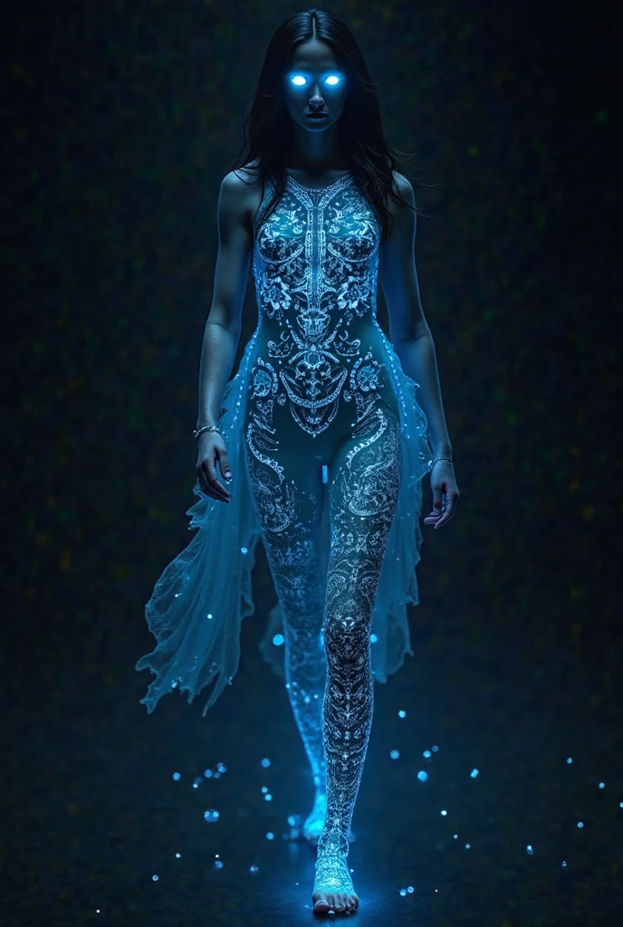 blue humanoid avatar, pointed fishy mermaid like ears, with avatar markings and bioluminescence dots and patterns