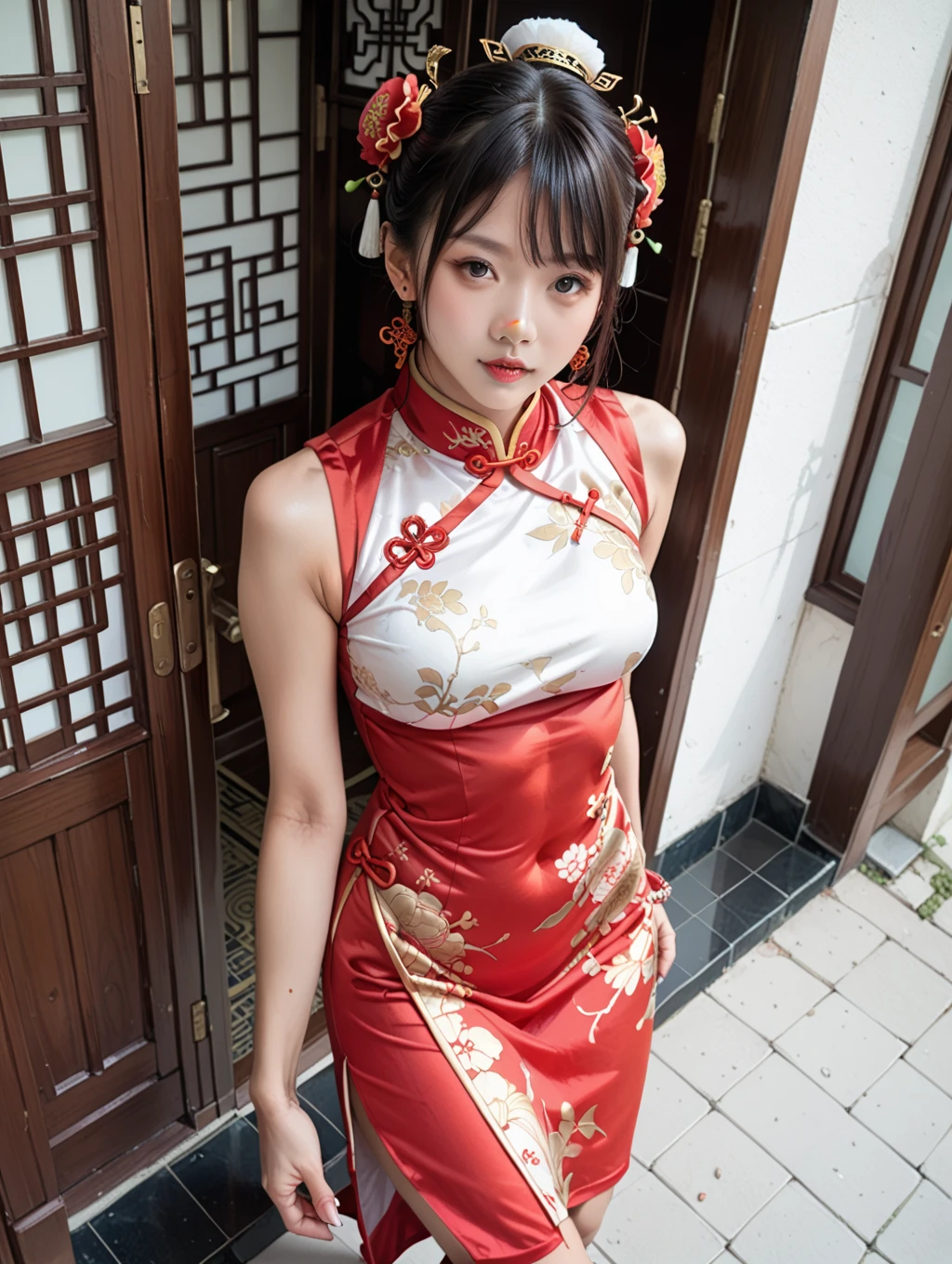 high-level image quality、(((red cheongsam with side slits)))、(((Scandinavian beautiful girl loli)))、silber hair、(((flat chest)))、(White micro underwear)、Embarrassed expression