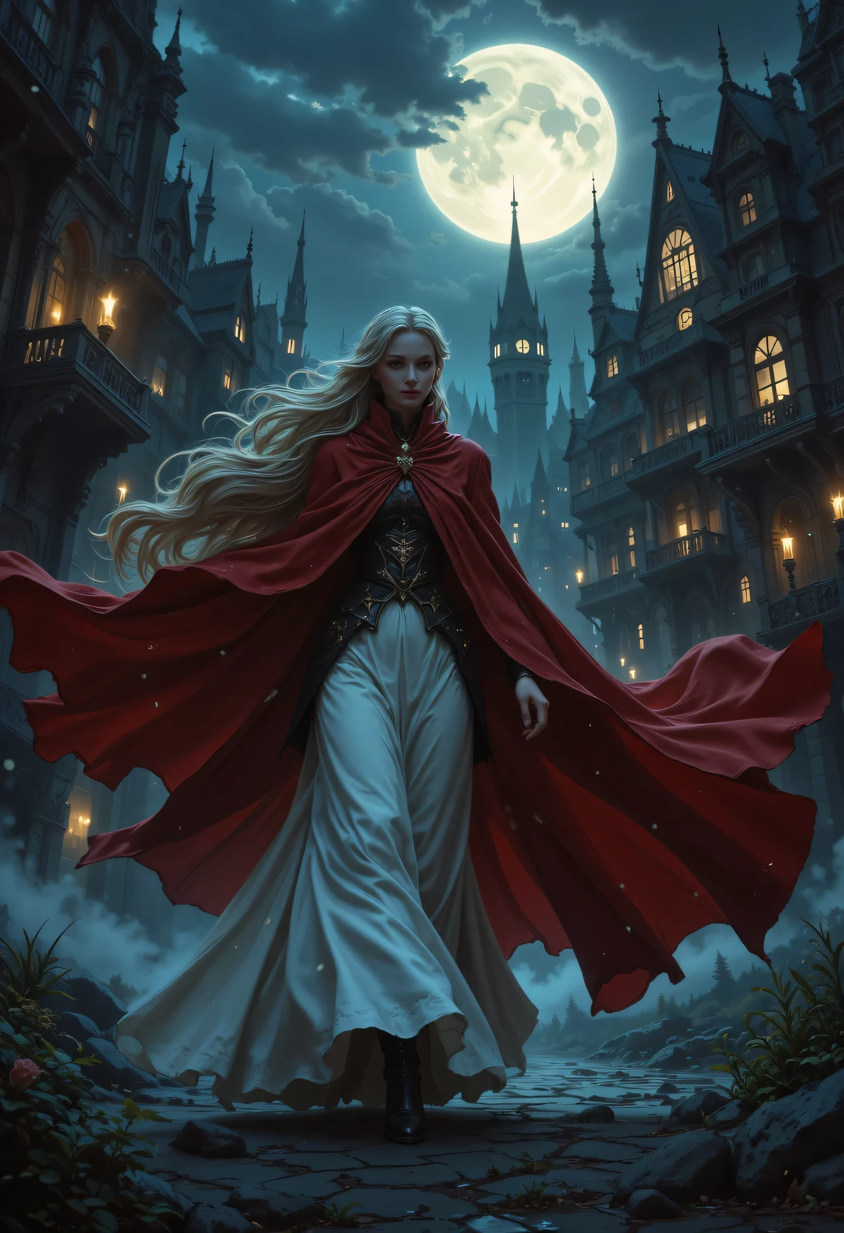 comic art, fantasy art, RPG art, ultra wide shot, a picture of a vampire queen walking in a windy day, in the big city, a beautiful mature vampire queen, elegant vampire, dynamic hair color, dynamic hair style, wearing intricate white transparent dress,  billowing in the wind, flowing red cloak, high heels,  standing in goth city at night, windy night, goth buildings, lit by torches, moon in the sky, 16k, [ultra detailed], masterpiece, best quality, (ultra detailed), full body, ultra wide shot, zavy-ctcmcs