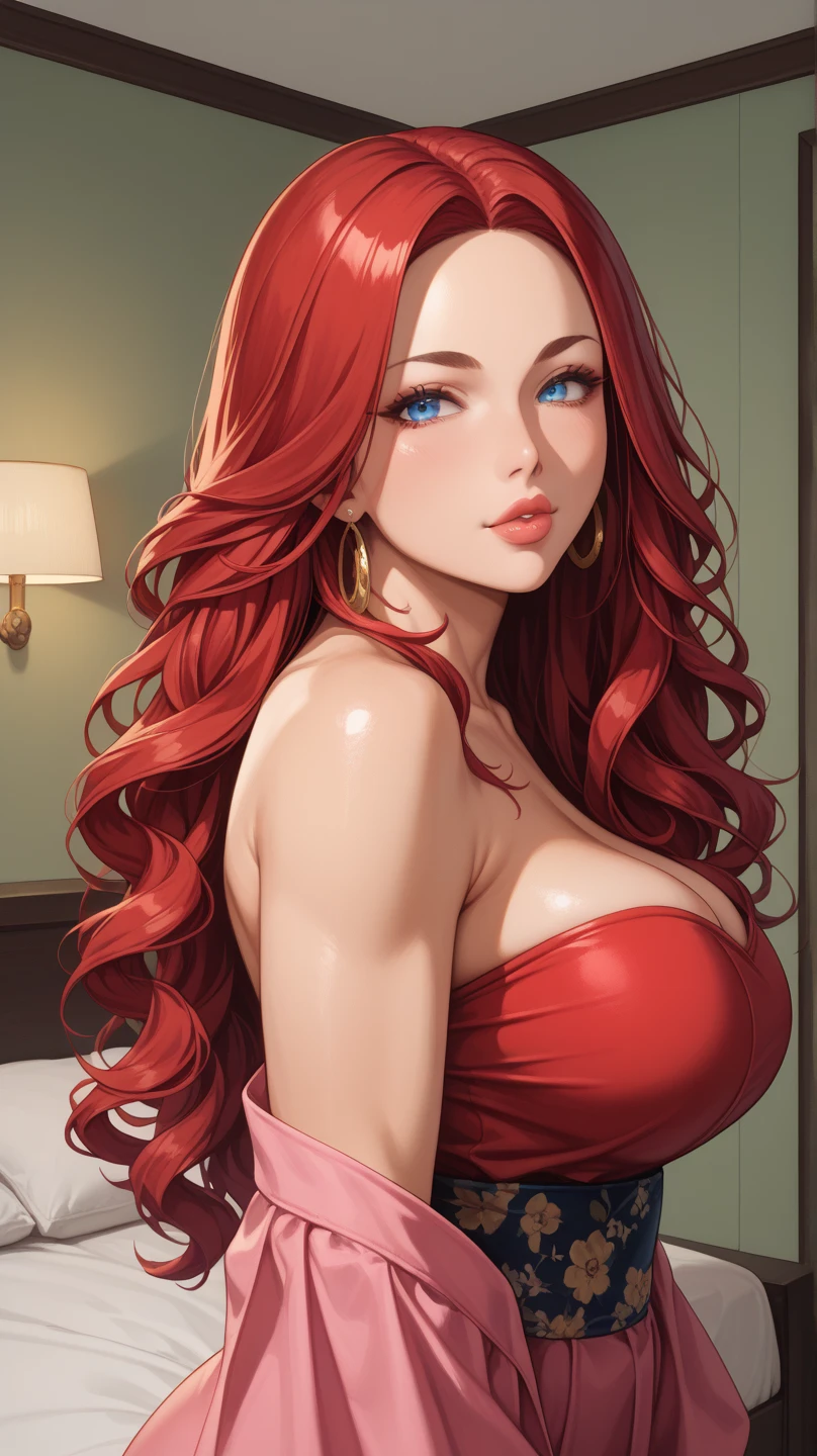 (masterpiece:1.2, best quality), realistic, (real picture, intricate details, depth of field), (1girl, solo), make up, parted lips, highly-detailed, gorgeous perfect face, (huge breasts:1.8), (skindentation), thick thighs, (wide hips), average waist, tall, Luscious red lips, (Long Voluminous Wild Scarlet Red hairs), beautiful blue eyes, (sweating:1.2), (wet), sexy, blushing, (Adult Temptress) Voluptuous, Curvy, (Seductive dynamic pose) (Hanging breasts), (Deep Cleavage), (Disproportional tits), Lustful gaze, Sultry Woman, Temptation
