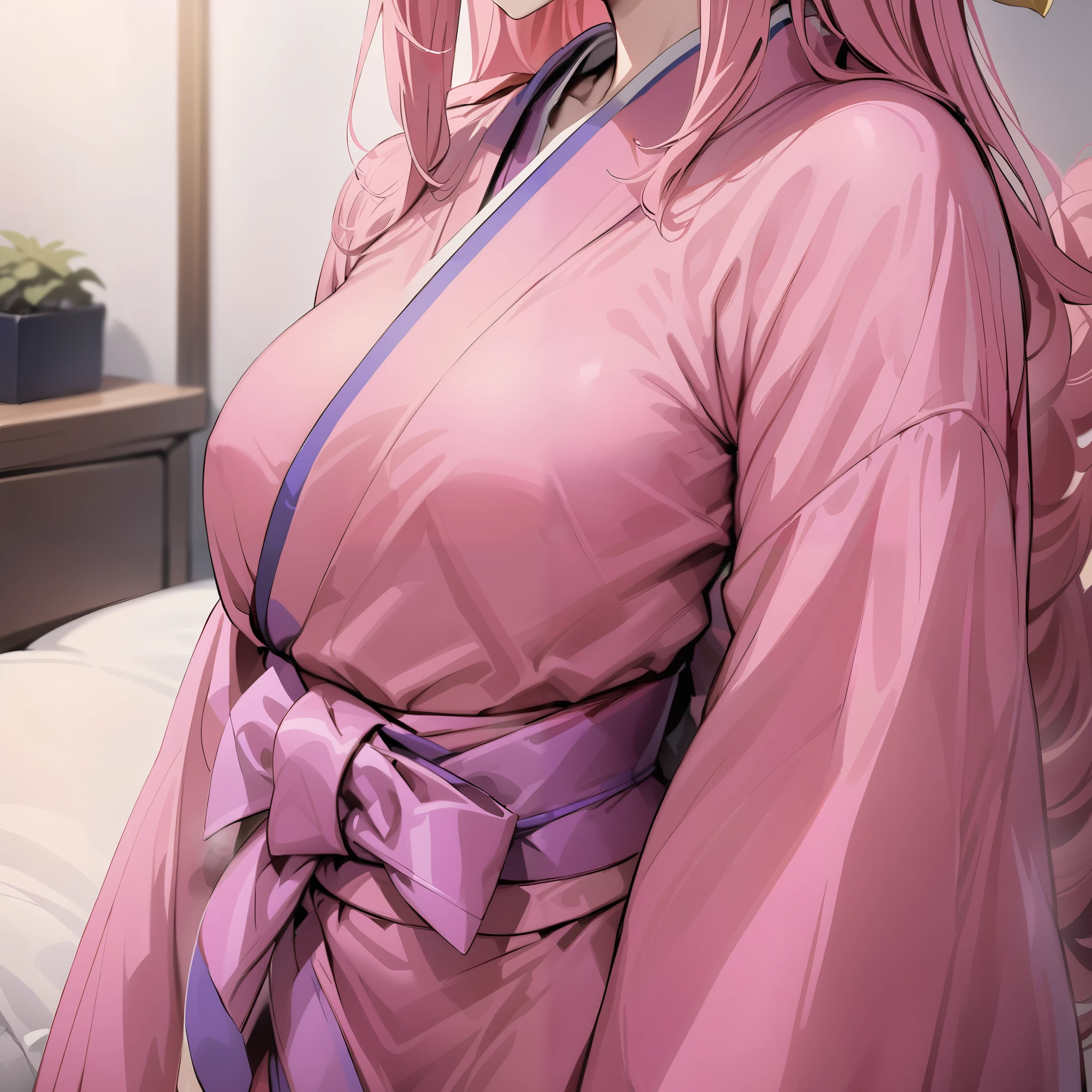 ((Highest quality)), ((masterpiece)), ( details), (close)、 Gundam SEED、 That woman is Lux Klein , blue eyes, with long pink hair and a hair ornament.、 kimono