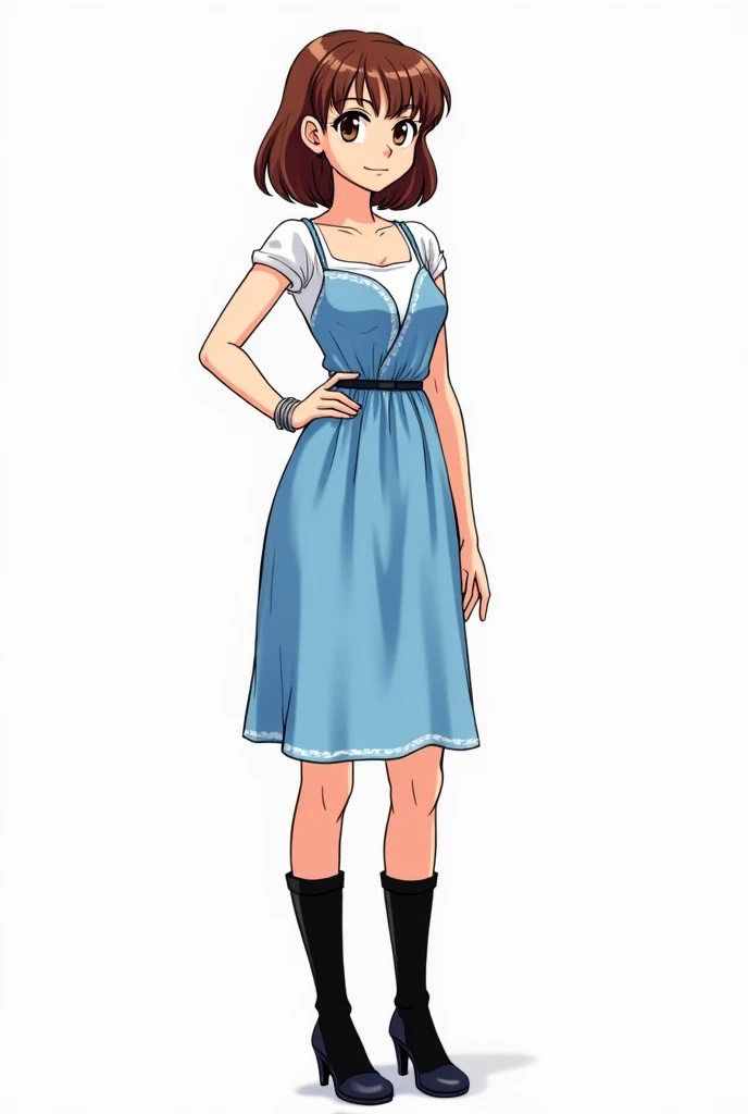 Dessine une jeune femme de 19 ans, dans un style manga. Elle porte une robe bleu claire, des basques blanche, des hautes chaussettes noirs, un bracelet en argent. Elle a des yeux yeux, des cheveux bouclés détachés, brun foncé et claire sur les pointes.