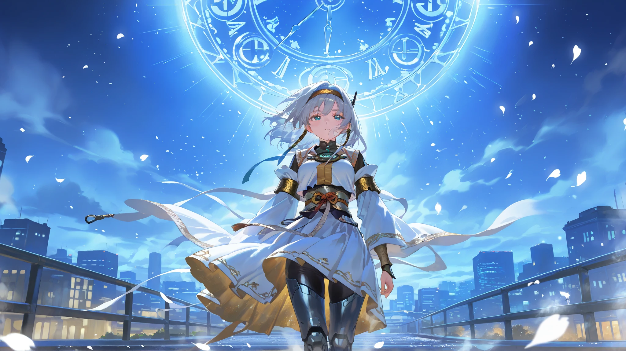 Up-and-coming Artwork, Fusion of watercolor and oil painting , Best Quality, super fine, 16k, Incredibly High Resolution, very detailed, Beautiful Girls Standing in the City, wind, wind-effect, Moonlight Night Scenery, (Shandana Scenery:1.2), Cyber Metal, Steam Metal, Diesel Metal , Clock Metal, scattered petals