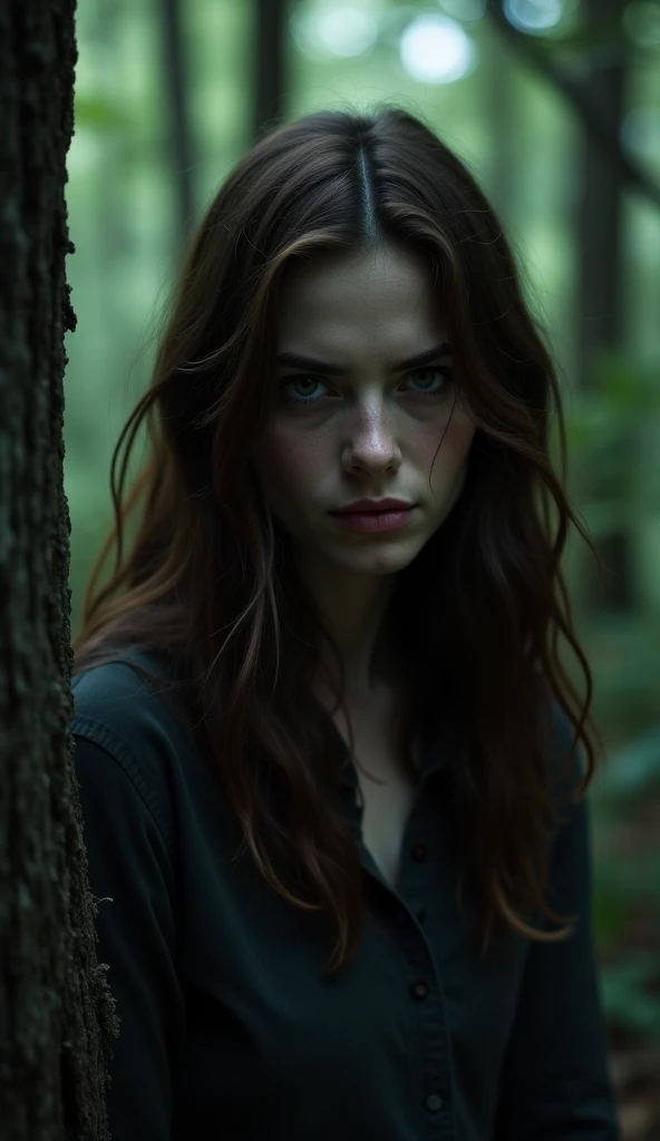 close-up of a beautiful breathtaking sad gothic woman in a dark misty forrest, fairytale setting with pale red sparklings around
