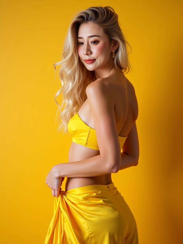 her name is Alliyah, high quality, 1girl, ((20-year-old fit Caucasian woman)), ((20 years old)), ((fit)), ((medium blonde with bangs)), pose: standing, wearing stylish colorful trend Generation-Z modern bikini satin wear, BACKGROUND: indoor, ugly smiling, POSE: sitting