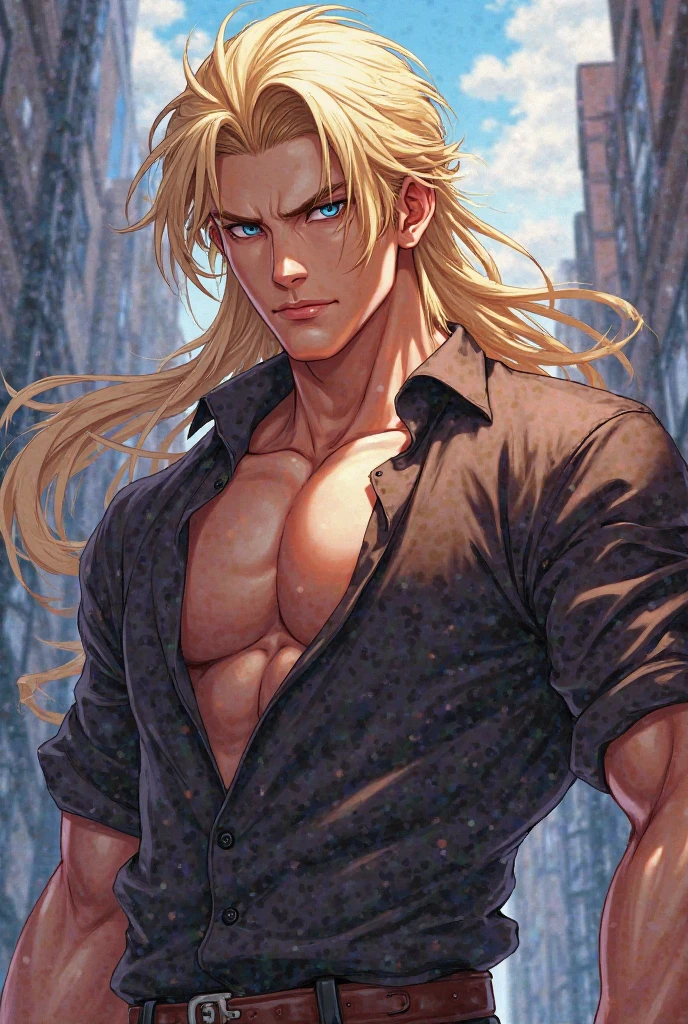 very realistic anime boy high definition a very handsome with golden hair with subtle waves blue eyes, he has a very angry face