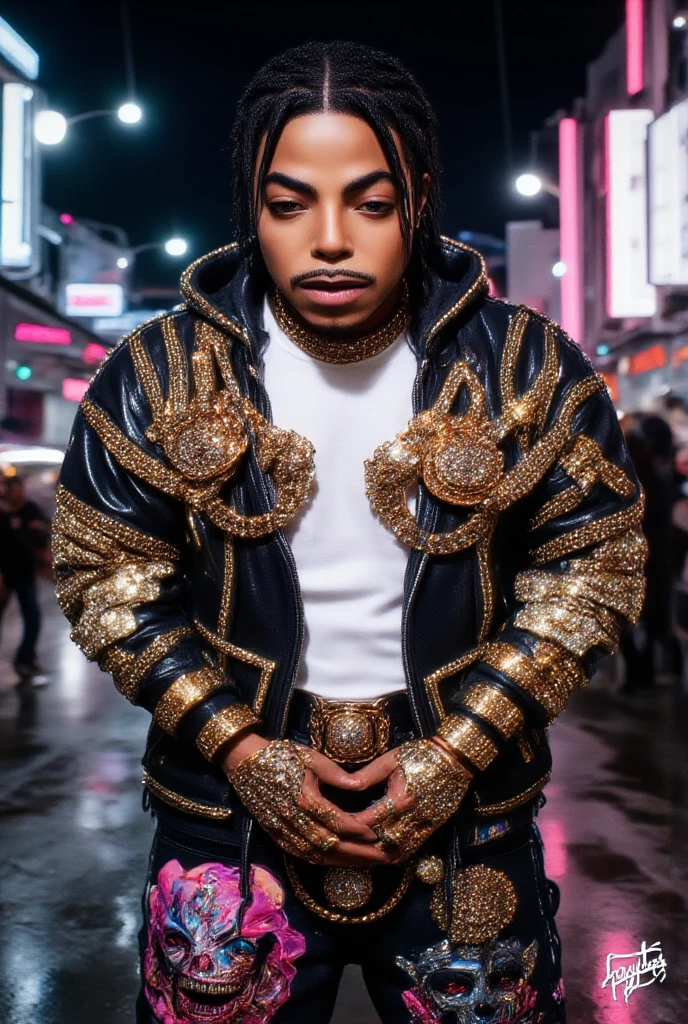 1rapper with Bald hair, T Pose, Fantasy Background, modern mink Fur Jacket (Gucci) (Fendi) (H R Gigger), High End Luxury Fashion, Lots of GOld Chains Jewelry and Diamonds, fog, detailed and realistic image, amazing composition with vintage scenery with abstract shapes, abstract minimalist background with tentacles, melt, drip, yoshitomo nara:1.5, wes anderson:1.3, new casualism, retro, minimalism,BiopunkAI