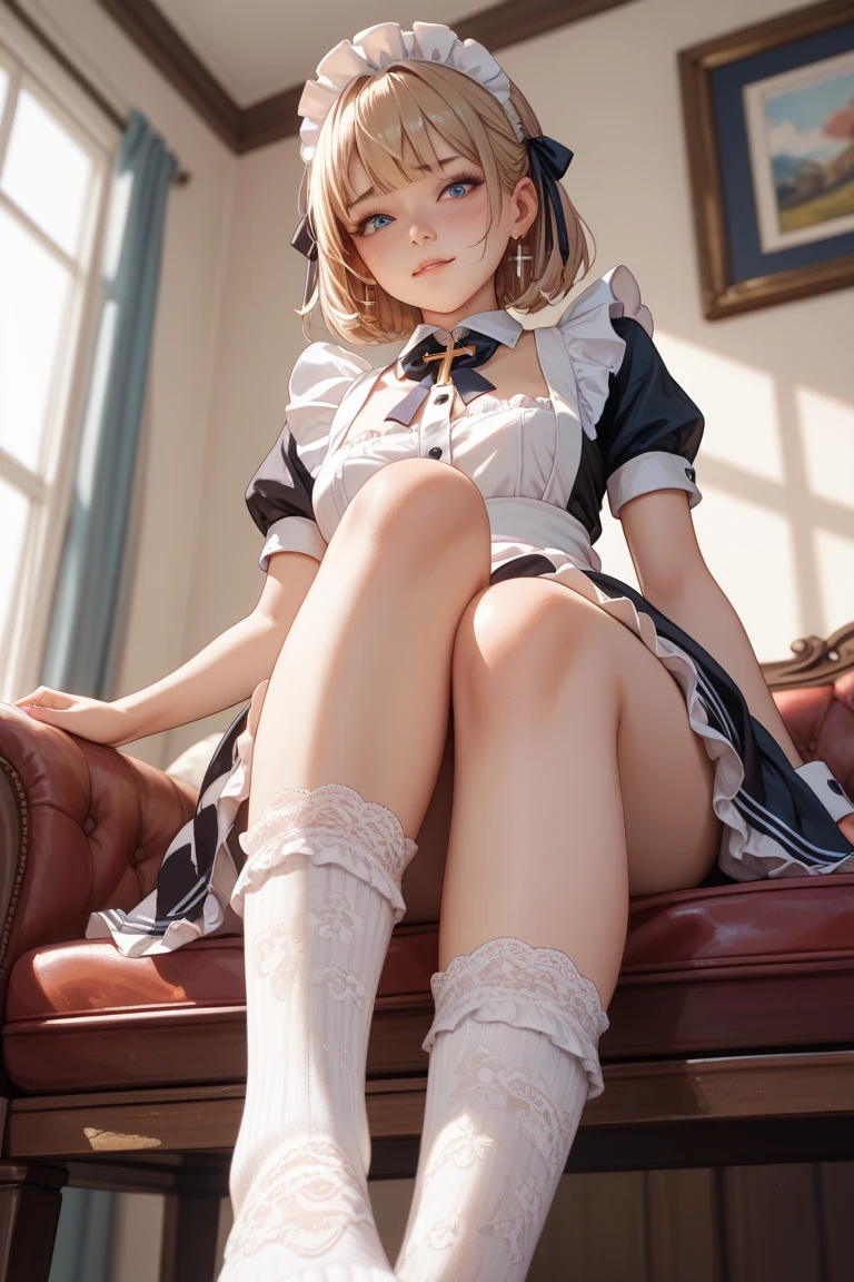 a woman in a blue uniform sitting on a chair with her legs crossed and her legs crossed, with a black background, 1girl, ass, bangs, black_footwear, blonde_hair, blush, braid, breasts, dress, elf, green_eyes, high_heels, long_hair, long_sleeves, looking_at_viewer, medium_breasts, neck_ribbon, open_mouth, panties, pointy_ears, ribbon, shoes, sidelocks, skirt, solo, spread_legs, squatting, thighs, underwear, white_panties --auto