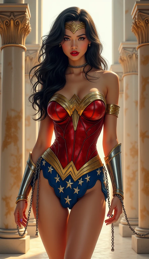 Wonder woman as a realistic human girl, (masterpiece), best quality, hyper-detailed, (((NSFW, erotic, full body shot, thick hips, round butt, perky nipples, big nipples, long nipples))), legs spread, dripping wet, high quality fingers, normal hands, detailed fingers,masterpiece, (realistic, photo-realistic:1.37), beautiful face, perfect illumination, beautiful detailed eyes,looking at viewer, stunningly beautiful woman, detailed hairstyle,detailed, (sweat:1),