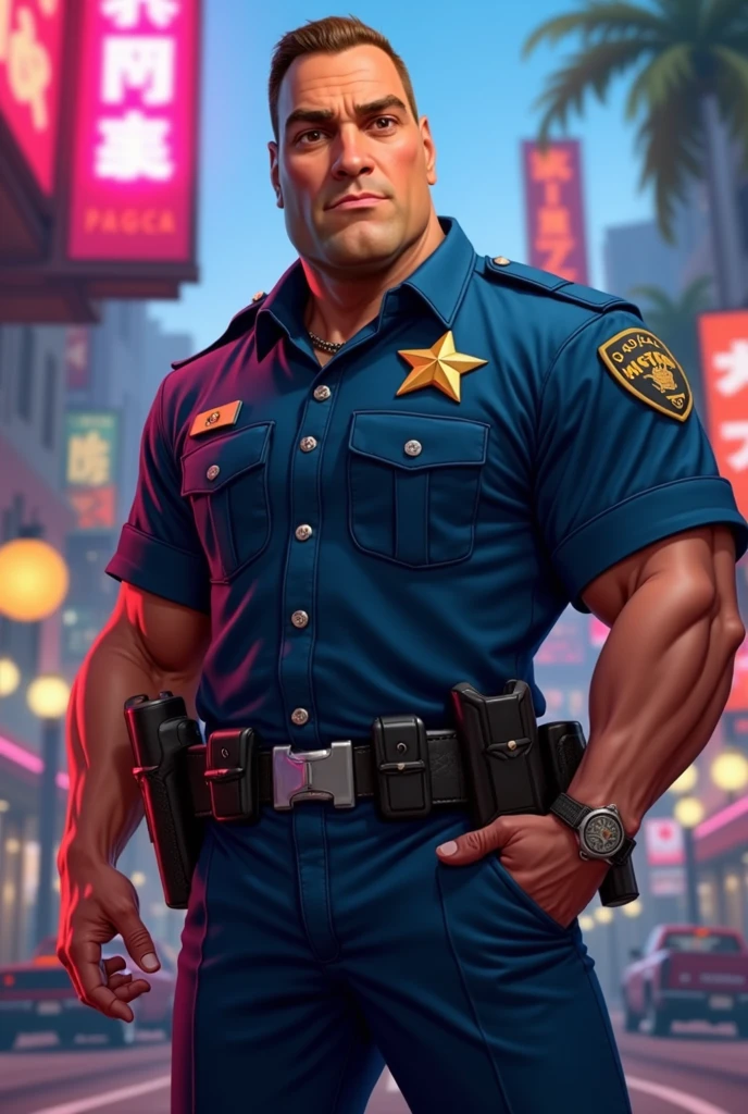 Best quality, masterpiece, ultra high res,detailed background,realistic,illustration,cowboy shot,solo,1boy,muscular male,beard,police uniform,street,muscular,facial hair,volumetric lighting,depth of field