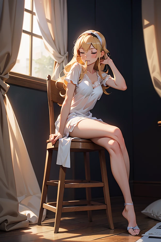 ((Masterpiece)), (Best Quality)), 8K, HD, Super Detail, (Woman), (White T-shirt), (Golden Hair Shawl Scattered), (Happy Expression) (Sitting on Bed 1.6) (Full Body Display 1.4) The artwork is a masterpiece, with the best quality and super detail, captured in 8K HD. Photographic realistic, realistic, very detailed illustrations realistic, octane rendering