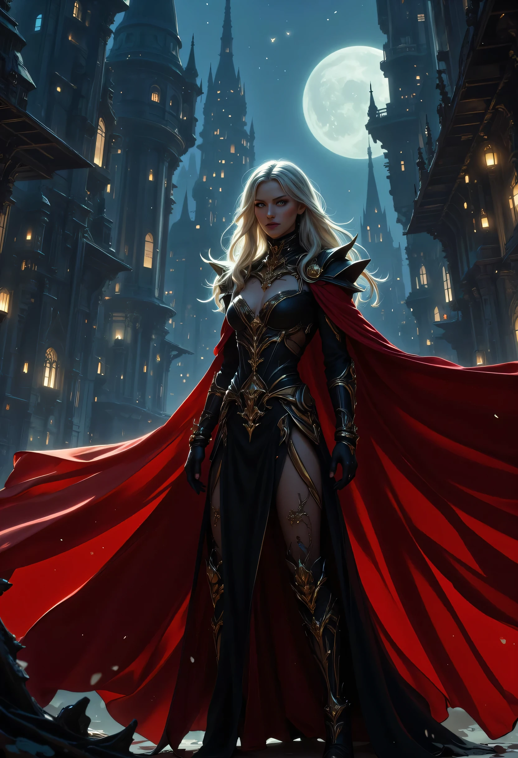 fantasy art, gothic art, (masterpiece:1.5), full body best details, highly detailed, best quality,  highres, full body portrait of a vampire, elf (Masterpiece, best quality: 1.6), ultra feminine, wizard, (intricate details, Masterpiece, best quality: 1.5) with a long curvy hair, blond hair, (red:1.3) eyes, (fantasy art, Masterpiece, best quality), ((beautiful delicate face)), Ultra Detailed Face (intricate details, fantasy art, Masterpiece, best quality: 1.5), (wearing elegant glamour open black trench coat: 1.5) , flowing black trench coat (intricate details, fantasy art, Masterpiece, best quality: 1.5), wearing an intricate (black: 1.2) dress (intricate details, fantasy art, Masterpiece, best quality: 1.3), high heeled boots, urban background (intense details, beat details), fantasy, at night light, natural ,moon light, clouds, gothic atmosphere, soft light, dynamic light, [[anatomically correct]], high details, best quality, 8k, [ultra detailed], masterpiece, best quality, (extremely detailed), dynamic angle, drkfntasy
