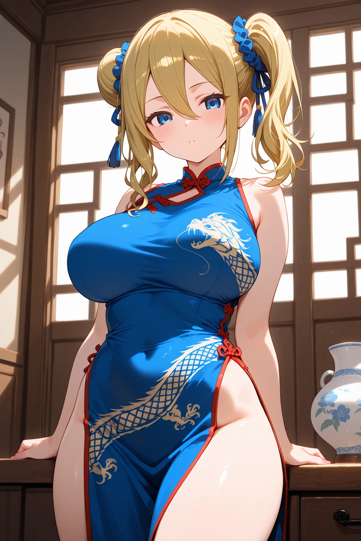 sexy pose, sarielx, (shiny blue chinese dress), cleavage cutout, (night outdoor chinese temple background), anime cels style, best quality, high resolution, 1girl, (huge breasts:1.2), beautiful face, cowboy shot, heterochromia, braided ponytail, braided bangs, smiling, looking at viewer, god rays