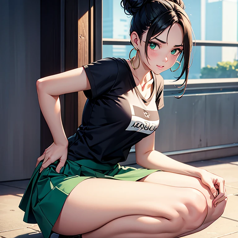 Perfect、Masterpiece、Professional illustrations、Perfect looks、Perfect lines、Cinematic lighting、Detailed face、Detailed eyes and pupils、Detailed hair、Beauty、Alone、female、sauce_game、Martina from Dragon Quest XI、Big Breasts、Large Breasts、Black Hair、Super long hair、ponytail、Black tank top、Black shorts、Yellow-green training uniform、Yellow-green boots、Best Angle、Best Shot