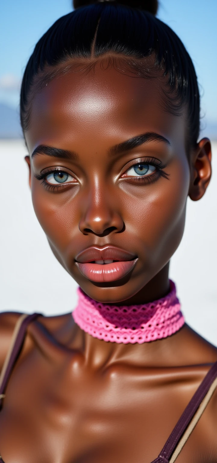 woman, face, model, close up, front, symmetry, african, dark skin, pink blush, pinterest, makeup, glossy lips, sexy lips, hair bun, glossy skin, oily skin, grey background, UHD, masterpiece, accurate, anatomically correct, textured skin, super detail, high details, high quality, award winning, best quality, highres, HD, 16k