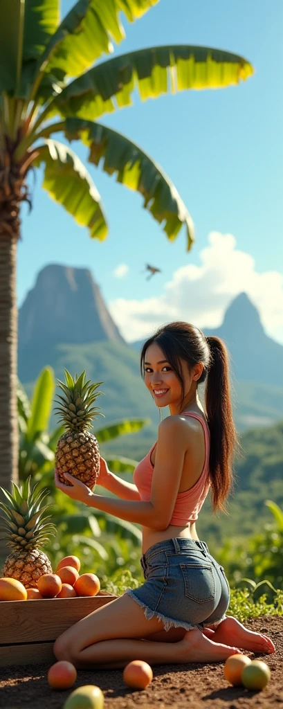 Costa Rican woman facing forward eating a peeled banana。In the background are famous Costa Rican tourist destinations