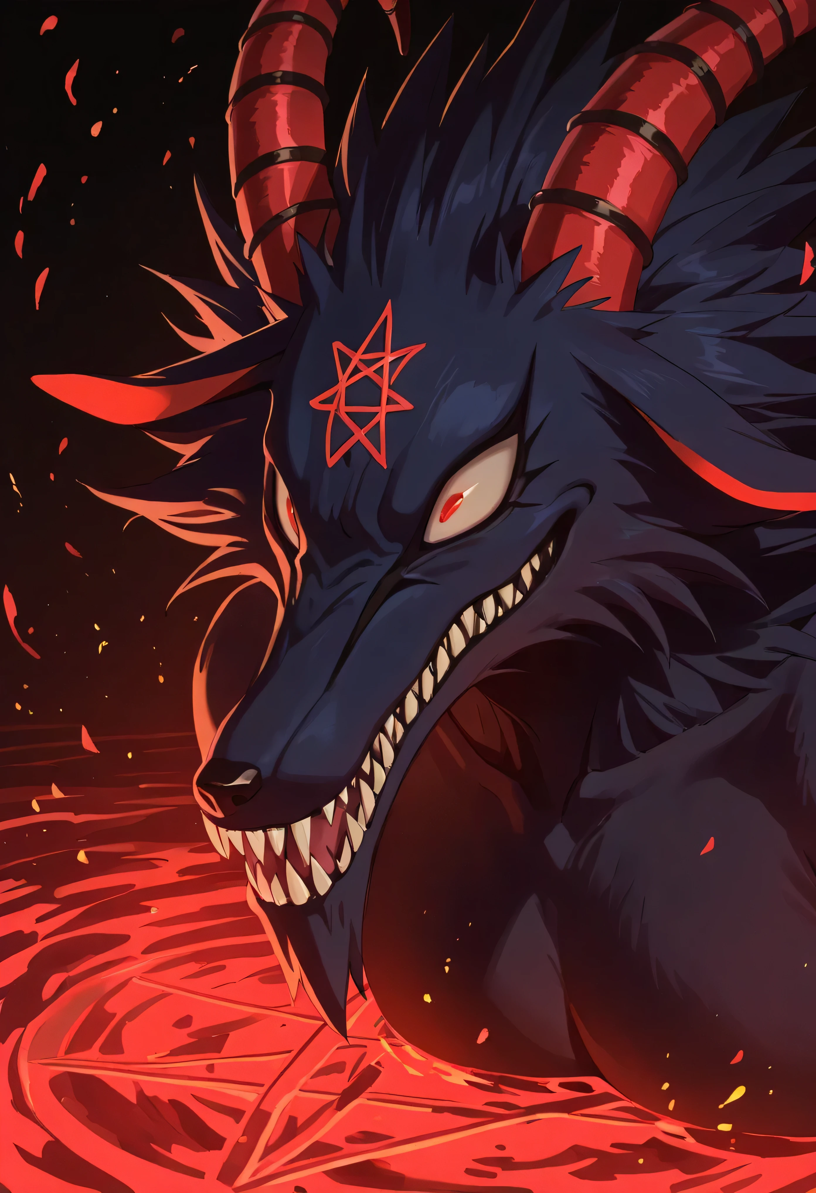 very detailed ilustraions, sharp, simple colour_tone, masterpiece, masterful, mythic, mythical, best quality, high quality, beautiful, anime, color, solo, male, GrimV2, anthro, dark furs, red curved horn, red pentagram on forehead, long_snout, large pupil, very long_snout, large pupil,