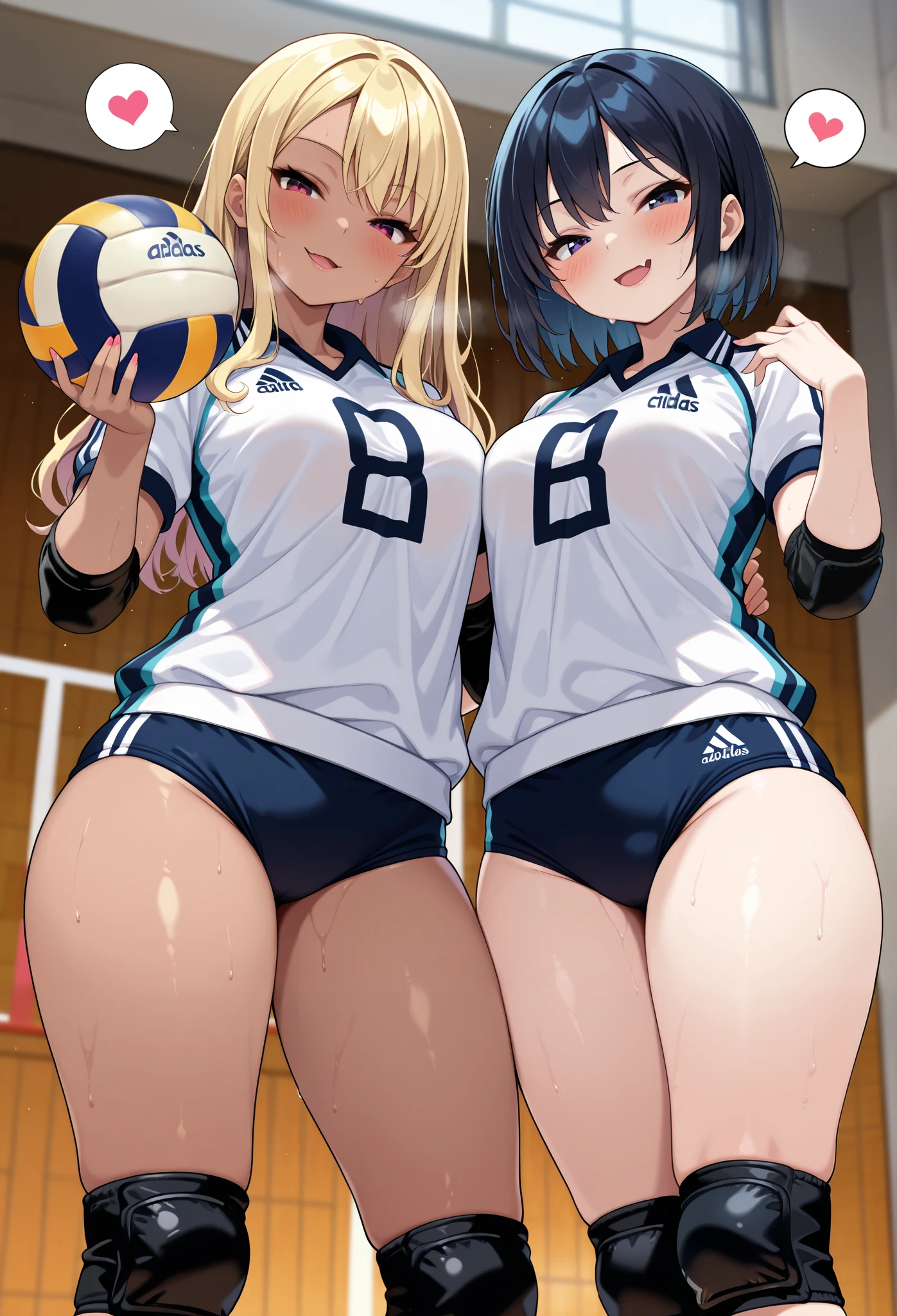 unity 8k wallpaper, anatomically correct, (((masterpiece))), (((best quality))), (((ultra detailed))), (((high-resolution))), ((super fine illustration)), ((Ultimate cutie)), ((detailed beautiful face)), perfect hands, perfect finger, (((good anatomy))), BREAK, multiple girls, lovingly gaze, harem, group picture, 17 years old, (potbelly), (Curve), medium breasts, ((thick thighs)), Shiny hair, (((coquettish smile))), (((blush))), BREAK, Adidas, Sleeveless collared Volleyball Uniforms, ((wristbands)), BREAK, (Hold the beautiful spherical 6-inch volleyball), ((Sweat)), (perspired), (Heavy breathing), in gymnasium, in volleyball court, depth of field, strong light, cowboy shot,,