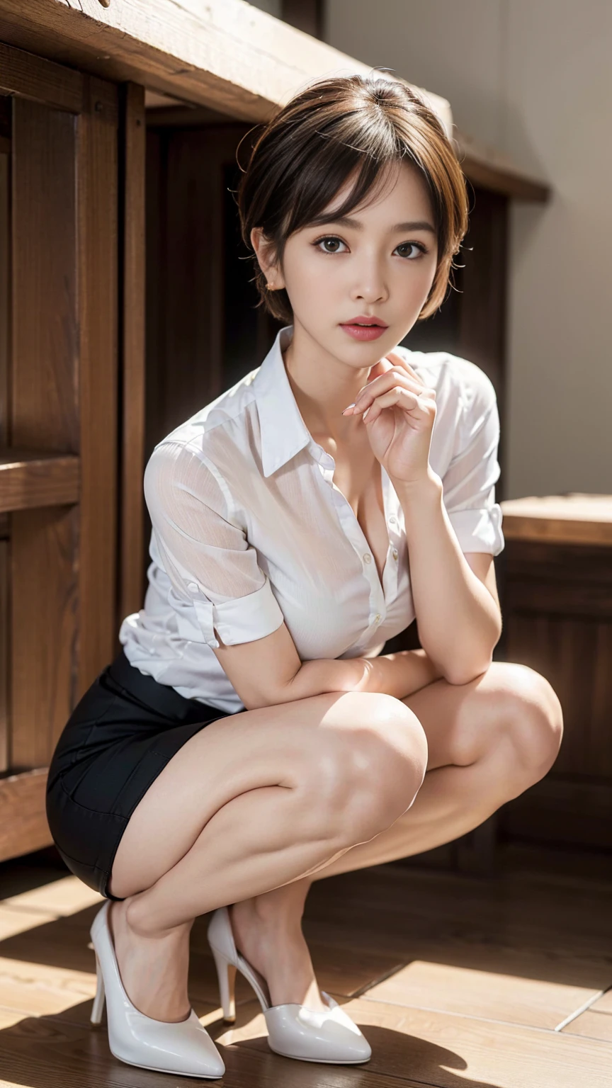 ((of the highest quality, 8K, masutepiece: 1.3, Raw photo)), Sharp Focus: 1.2, (1 AESPA Girl :1.1), Solo, (Realistic, Photorealistic: 1.37), (Face Focus: 1.1), Cute face, hyperdetailed face, (short messy hair: 1.2), Small Smile, Small breasts, flat chest, full nude, squatting, from below, (taking off her black chiffon button down shirt: 1.2), thigh, bar, cafe stand
