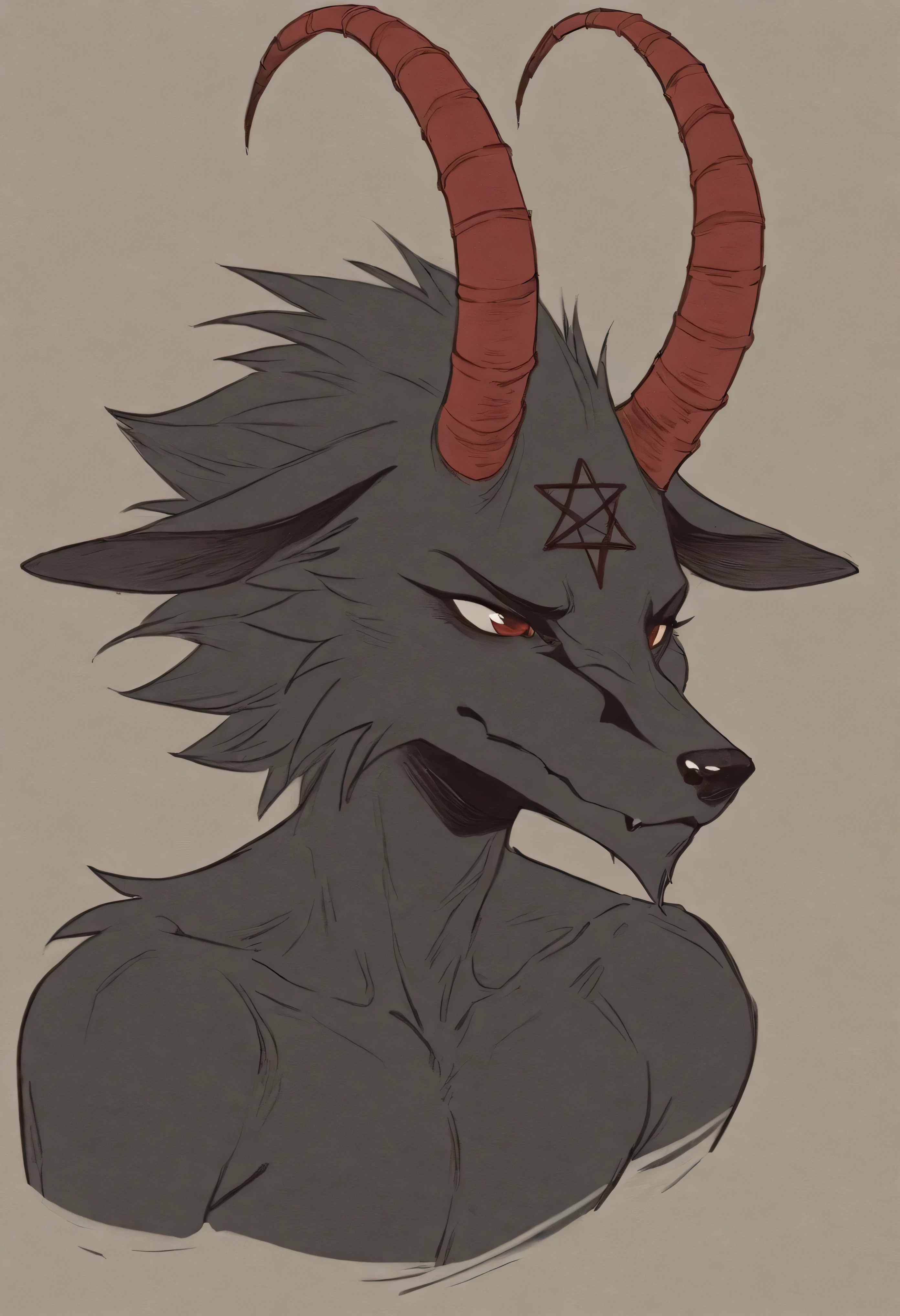 very detailed ilustraions, sharp, simple colour_tone, masterpiece, masterful, mythic, mythical, best quality, high quality, beautiful, anime, color, solo, male, GrimV2, anthro, dark furs, red curved horn, red pentagram on forehead, long_snout, large pupil, very long_snout, large pupil,