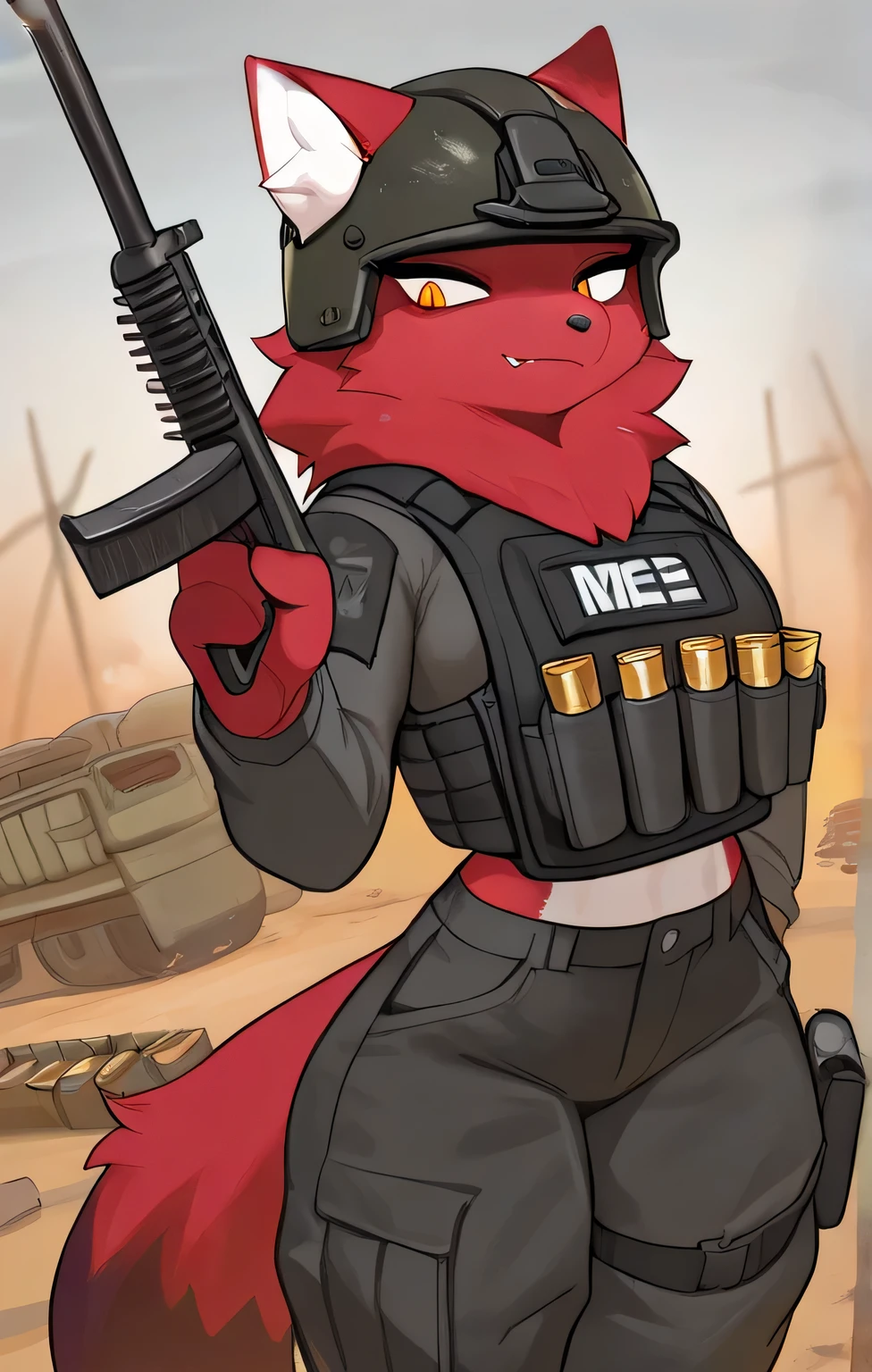 in, Highest quality, masterpiece、 cartoon anime、female furry、The big red beast、 Bulletproof Vest 、heavy weapons、Ammunition belt、fires a machine gun、helmet、tactical pants、battlefield
