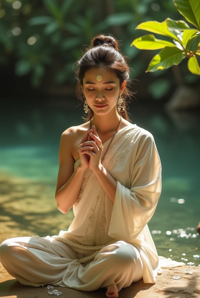 View from behind, A young female monk (transparent nipple silhouette:1.3), Meditation on a mossy tree in the forest, White soft flowing clothes, Create a fantastic atmosphere, A wonderful interweaving of light and shadow, With a tranquil forest as the background, Bokeh, Shallow depth of field