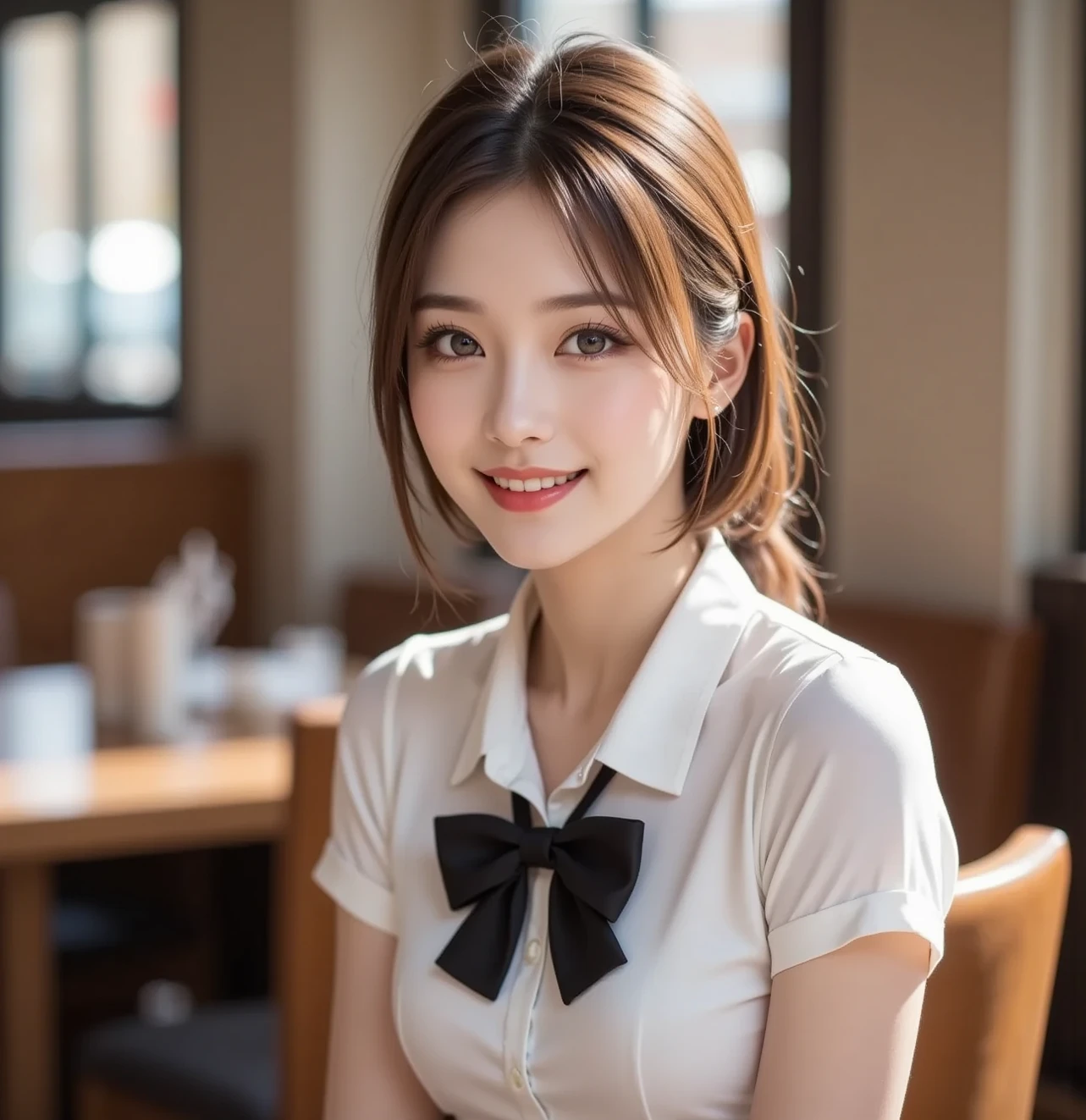 8k, RAW Photos, Highest quality, Tabletop: 1.2), (Realistic, Photorealistic: 1.37), Very detailed, 1 high school girl, Super Beauty(Like the real thing), alone, Beautiful detailed sky, Detailed Coffee, night, Sitting in the store, (Big smile: 1.1), Long brown hair　Medium chest, Beautiful detailed eyes, (Collared shirt: 1.1), A bow tie, Pleated skirt, Beautiful expression　Ultra-high resolution,Ultra-Realistic Skin,masterpiece,Highest qualityのPhotorealisticなRAW Photos。Bright colors,Rich colors, Backlight, Cinema Lighting, Film Grain, 50mm lens, Nikon D850,Beautiful expression,Fantasy art,Character Art,View your viewers,Top view,,Accentuate your cleavage,Dynamic pose,