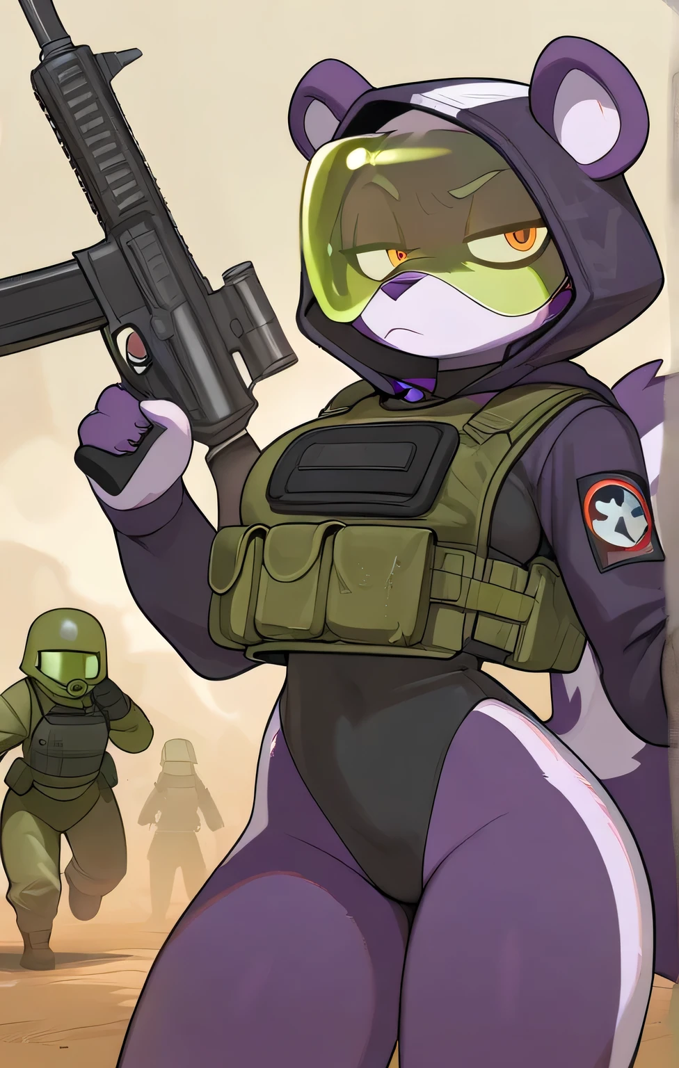 in, Highest quality, masterpiece、 cartoon anime、female furry、big purple skunk、 Bulletproof Vest 、heavy weapons、Poison Gas Soldier、battlefield