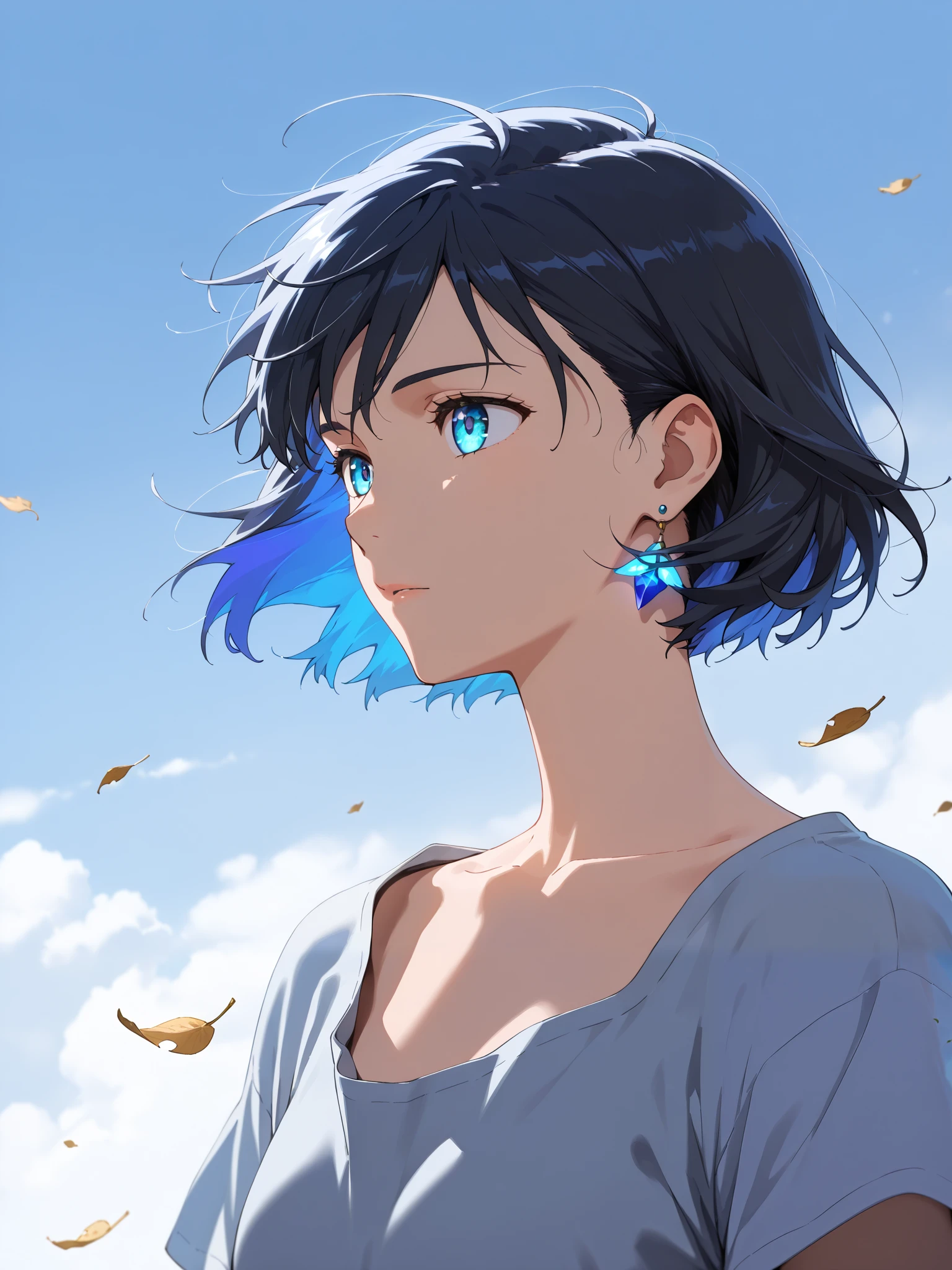 (High detail:1.2) Anime Girl,(movie-like lighting,Delicate colors),( fallen leaves :1.2), Gentle lighting, wind, fog. Turquoise, Delta Shade. discord banner